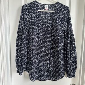 CAbi  Te Amo Love Script Print Navy and White Blouse
